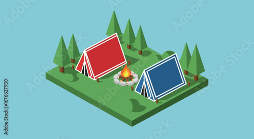 Isometric camping scene with red and blue tents and a crackling campfire