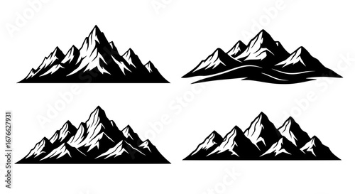 Vector art of mountain peak silhouettes set for outdoor adventure for POD
