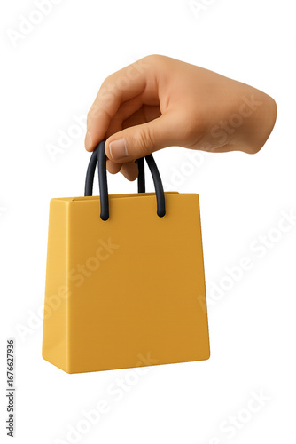 Hand holding yellow shopping bag isolated on black background