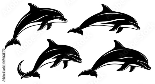 Vector art of four dolphins silhouette, brush stroke style for POD