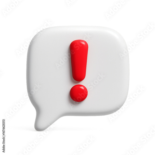 Red exclamation mark inside white speech bubble 3D rendering
