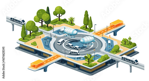 Isometric Cityscape with Futuristic Transportation and Green Spaces