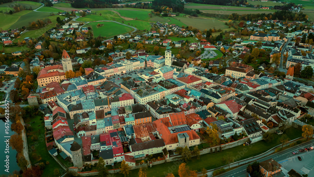Naklejka premium Aerial view of the city Freistadt in Austria on a very late afternoon in autumn.