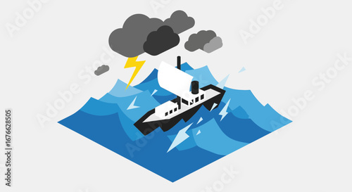 Isometric Illustration of a Stormy Sea with a Sailing Ship and Lightning