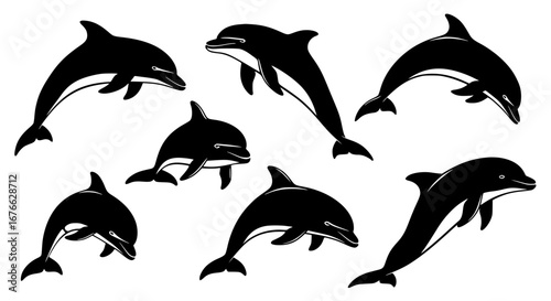 Vector art of silhouette illustration of a group of dolphins for POD
