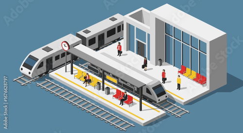 Isometric train station scene with waiting passengers and modern trains