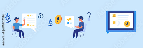 Customer feedback concept with satisfied male characters giving review, rating satisfaction, question marks, and digital tablet displaying quality certificate in flat vector style