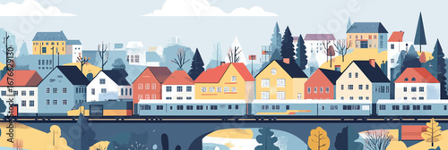 Modern suburban neighborhood with colorful houses, train passing on bridge, autumn trees, and clear sky in flat minimal vector style illustration