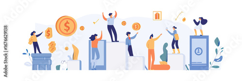 Business people celebrating financial growth and success standing on ascending podiums with money, coins, smartphone, arrow, and achievement symbols in flat minimalist vector style
