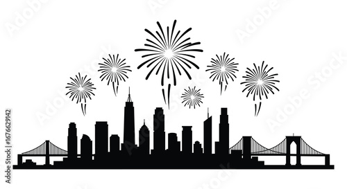 New york city skyline with fireworks display at night time