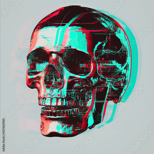 Digital glitch effect human skull in 3D anaglyph style with red and cyan distortion and futuristic cyberpunk aesthetic on gray background
