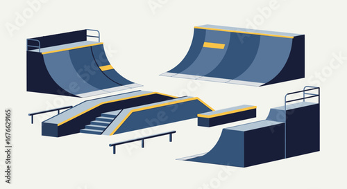 Isometric View of Various Skate Park Elements with Blue and Yellow Accents