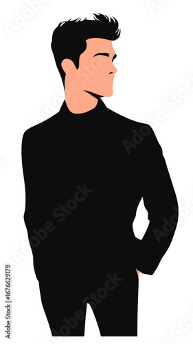 Stylish young man silhouette in black suit looking sideways with confident posture minimalistic flat vector illustration on white background