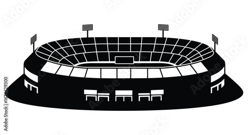 A black and white illustration of an empty sports stadium with seating