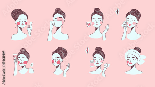 Beauty routine woman applying facial skincare products cleansing moisturizing serum cream lotion with minimal flat style icons set on pink background for skin care hygiene and wellness concept
