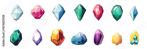 Set of colorful flat vector gemstone and crystal icons with various cuts and shapes including diamonds, emeralds, amethysts, topaz, and quartz minerals for jewelry and decoration design