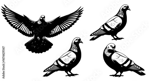 Illustration of pigeons in various poses and angles for POD