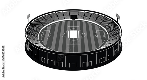 Aerial view of a large circular stadium with striped field and seating