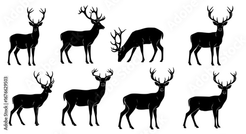 Vector art of collection of deer silhouettes in various poses for POD