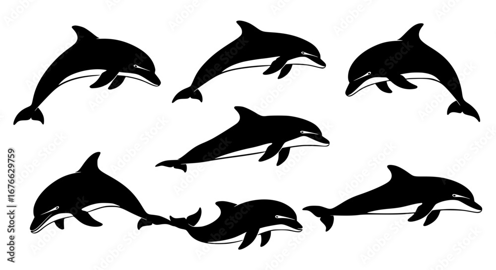 Naklejka premium Vector art of group of dolphin silhouettes swimming in the ocean for POD