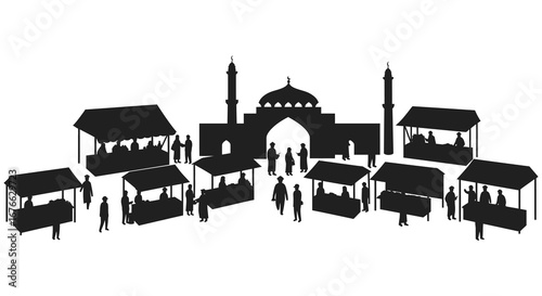 Mosque and market stalls with people in a black silhouette illustration