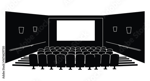 A black and white illustration of a movie theater with seats and screen