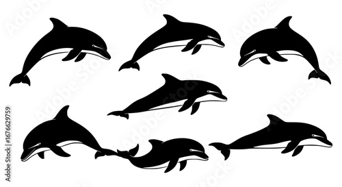 Vector art of group of dolphin silhouettes swimming in the ocean for POD