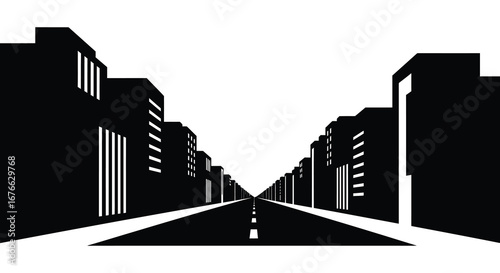 City street with buildings on either side in black and white illustration