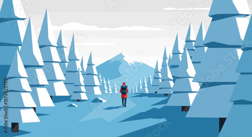 Lone Hiker in Red Jacket Navigating Snowy Forest Towards Mountain Peaks