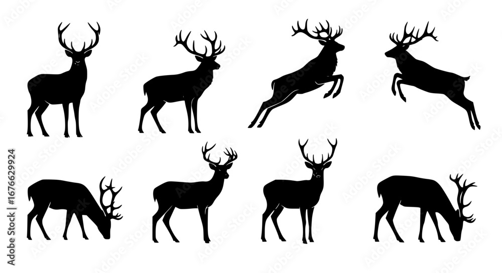 Fototapeta premium Vector art of collection of deer silhouettes in different poses for POD
