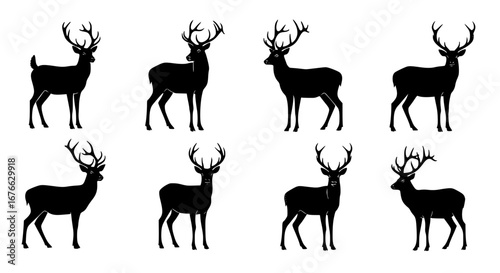 Vector art of silhouette of deer with antlers in different poses for POD