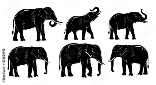 Vector art of silhouette of elephants for POD