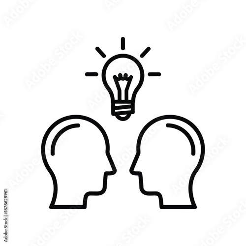 The Birth of Ideas: A minimalist illustration of two heads facing each other, with a glowing lightbulb hovering above, symbolizing collaboration and idea generation.