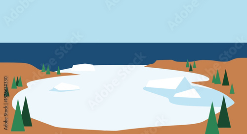 Minimalist Arctic Landscape with Ice Floes, Evergreen Trees, and Distant Ocean
