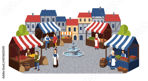 Medieval Market Square with Colorful Stalls and People