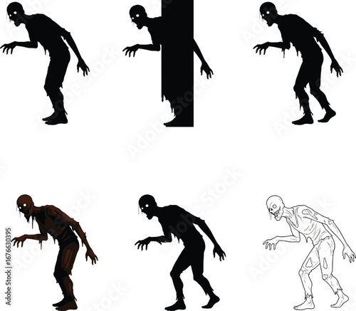 Zombie character side view transformation animation, creepy walking undead figure sequence for horror, Halloween, games, comic art, or animation design