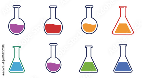 Colorful laboratory beakers and flasks on white background