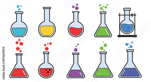Colorful laboratory equipment beakers and flasks with liquids and bubbles