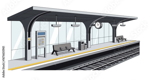 Modern Train Station Platform with Clock, Benches, and Information Kiosk.