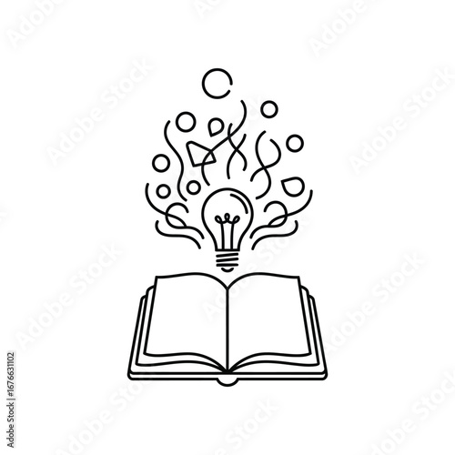 Illumination from knowledge: An open book emitting a light bulb symbolizing the genesis of innovation. A testament to the power of education and enlightenment in a vector-style composition.