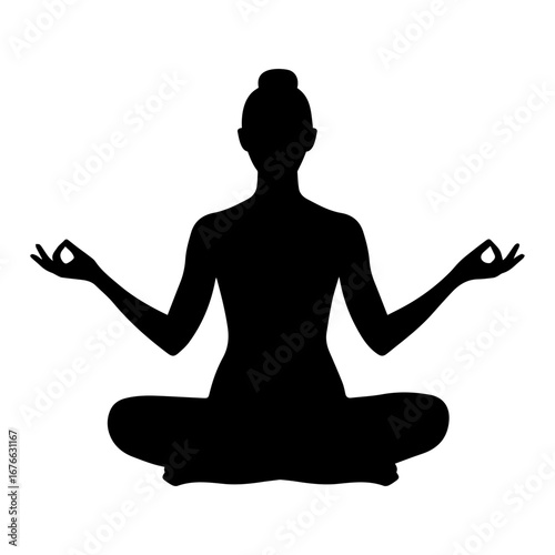 Silhouette of a woman in a meditative yoga pose with raising hands