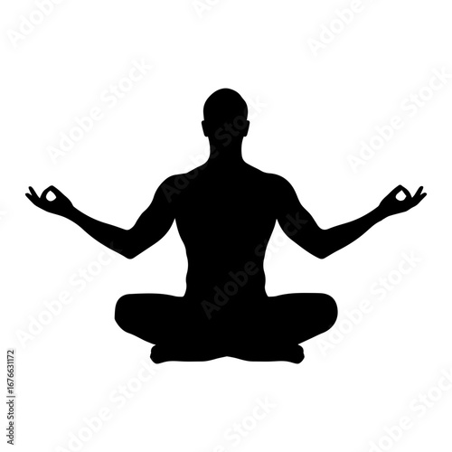 Silhouette of a man in a meditative yoga pose with raising hands