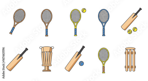 Tennis rackets and cricket bats and balls on white background