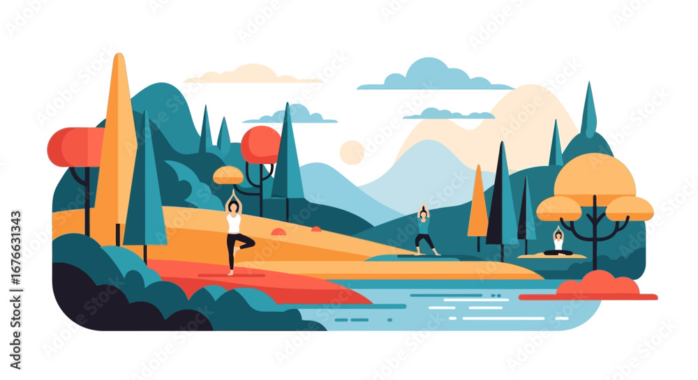 Fototapeta premium Peaceful Yoga Practice in a Colorful Forest Landscape