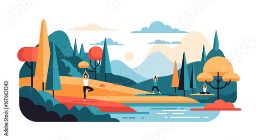 Peaceful Yoga Practice in a Colorful Forest Landscape