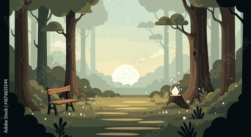 Peaceful Sunrise Forest Scene with Wooden Bench