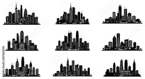 Collection of city skylines with various buildings and architecture styles