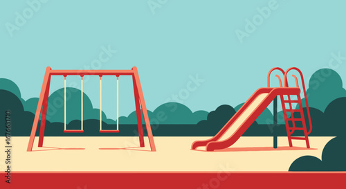 Retro Playground Scene with Red Swings and Slide Against Teal Sky
