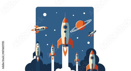 Retro Rocket Launch with Spacecraft and Planetary Orbit in a Vector Illustration