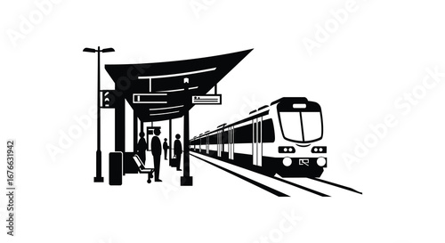 train arriving at a station with a waiting person and shelter